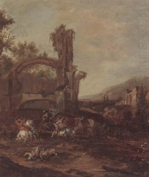 An architectural capriccio with a cavalry engagement,a landscape beyond, unknow artist